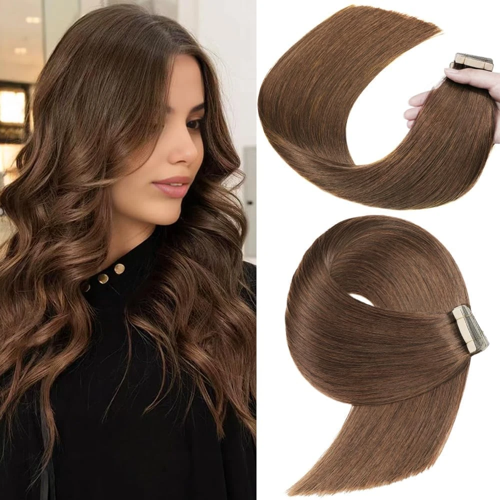 Lot de 20 extensions capillaires en cheveux humains Remy invisibles, soyeux, droits, 55cm marron chocolat,